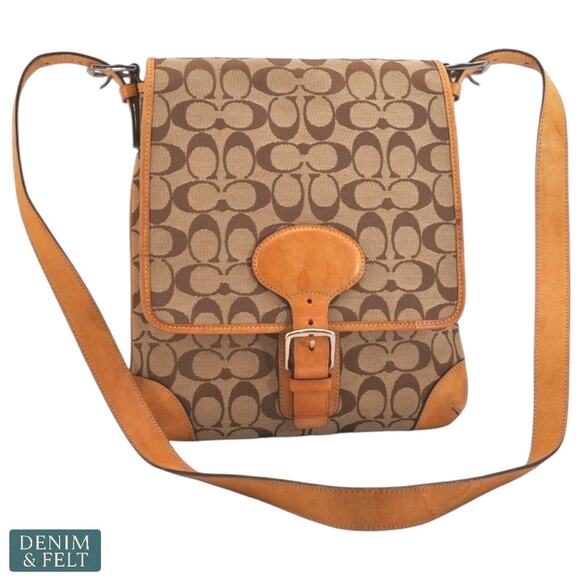 Coach Signature Canvas & Leather Crossbody Messenger Bag Brown Tan Flap Buckle - Picture 1 of 14